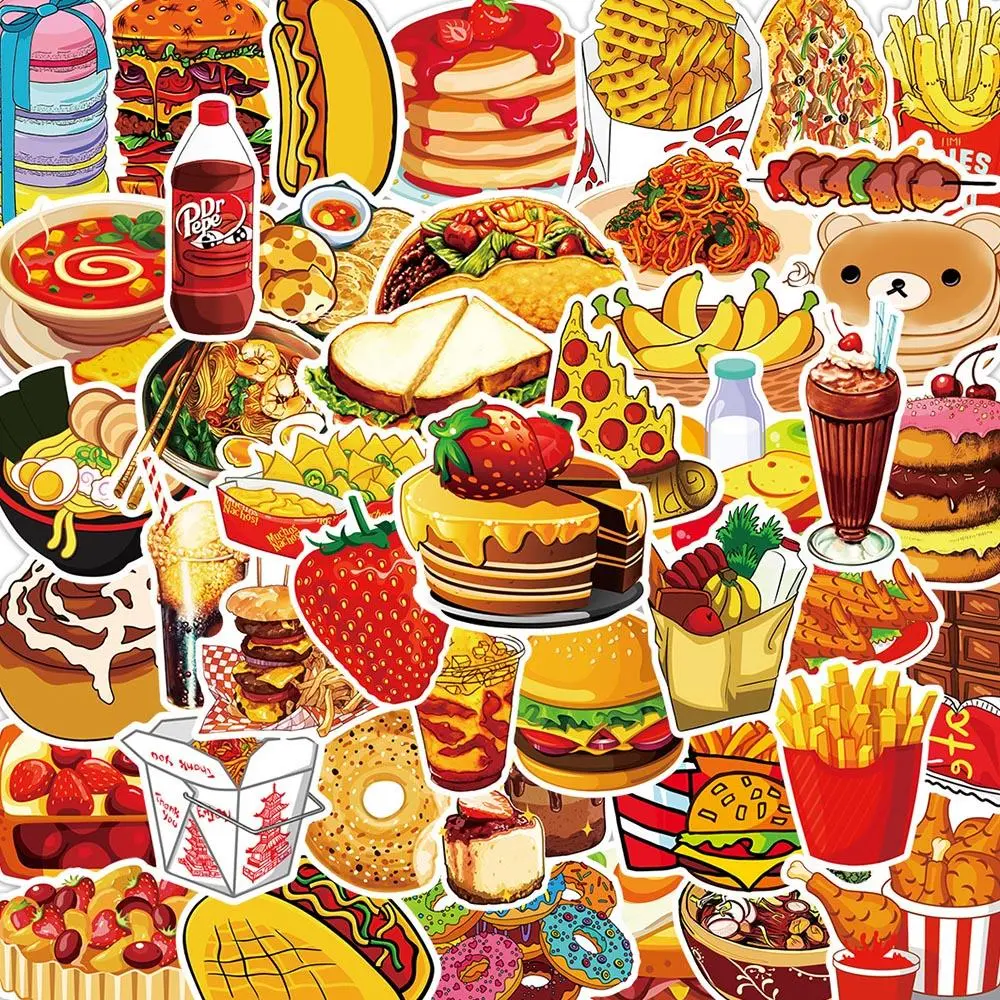 Food Series Sticker, 50pcs/set Waterproof Decorative Sticker, DIY Creative Sticker for Phone Case, Laptop, Notebook, Helmet, Skateboard, Cellphone