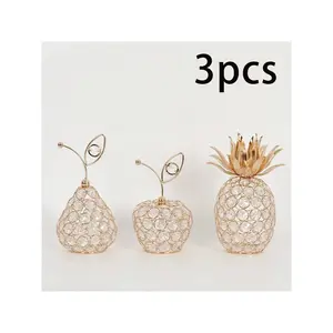 3pcs Gold-Colored Crystal Fruit Decor - Handmade Apple, Pear And Pineapple Statues, Ideal For Tabletop Decoration, Holiday Celebration, Gifts, Mirrors, Treasure, Necklace, Ring, Birthday Storage Box, Wedding, Ladies, Girls, Storage, Birthday Gifts