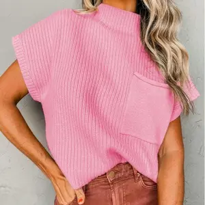 Women's Patch Pocket Ribbed Knit Short Sleeve Sweater Pink Tops