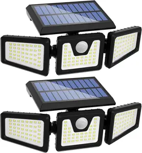 (2 Packs) LED Motion Sensor Solar Outdoor Lights Security Lights,3 Heads Motion Sensor Lights, 270° Wide Angle Flood Wall Lights with 3 Modes, IP65 Waterproof Black Yard Lighting