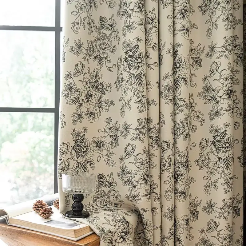 1pc Vintage Floral Butterfly Blackout Curtain, Plant Flower Style, Top Cord Ring Hanging, Suitable for Bedroom Living Room Study, Blackout Window Cover, Home Decoration Curtain, Home Decorative Curtain, Blackout Bedroom Curtains