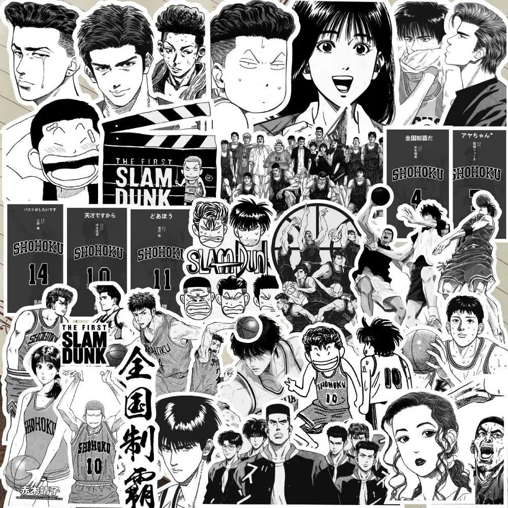 10/68Pcs Slam Dunk Anime Black and White Stickers Phone Case Waterproof Sticker Pack Kawaii Packaging Laptop Skin Art Supplies