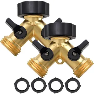 2 Pack Garden Hose Splitter 2 Way, Heavy Duty Brass Connector Tap Splitter, Y Connector Brass Garden Hose Adapter with 2 Valves