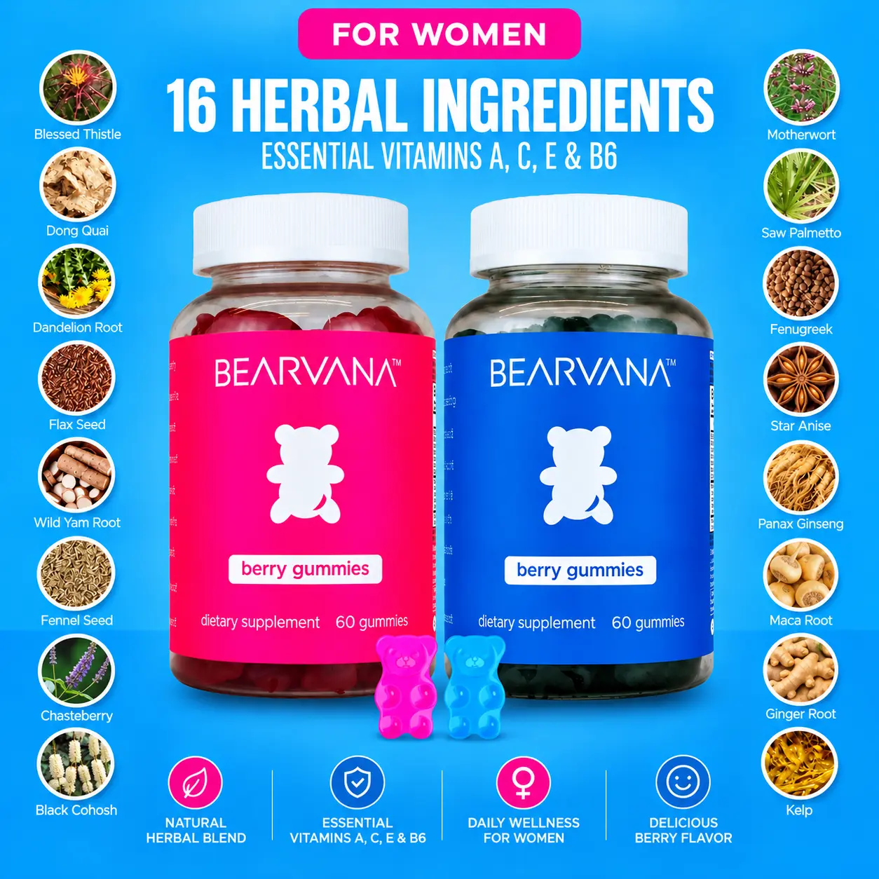 BEARVANA Women's 16-Herb Wellness Gummies Combo Pack | Vitamins A C E and B6 | Daily Gummies Worth the Hype | Berry Flavor | 120 Gummies