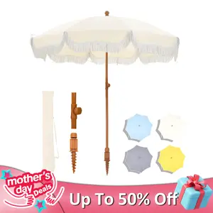 PHI VILLA 7ft Patio Beach Umbrella with Fringe, UPF 50+ Canopy, 8 High Wind Proof Fiberglass Ribs, Fully Assembled, Carry Bag Available Outdoor Aesthetic Round,Mother's Day Gift