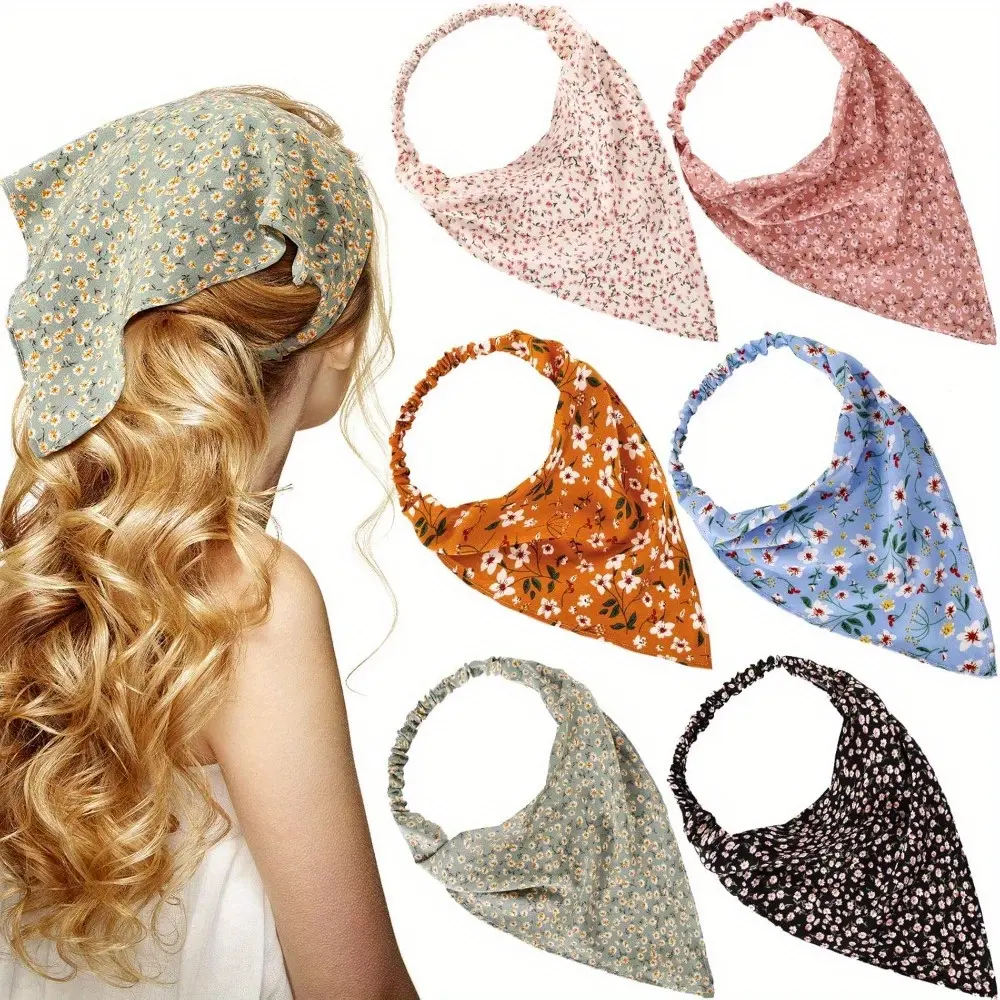 6PCS Floral Elastic Hair Bandanas for Women Boho Hair Scarf Headband Chiffon Head Kerchief Turban with Clips