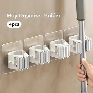 4pcs Heavy-Duty Wall-Mounted Broom & Mop Holders Adhesive Clips Multi-Functional Tool Organization Home Garage Storage