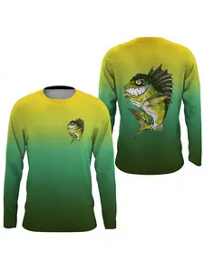 Fisherman Gift Long Sleeve Fishing Shirt, Round Neck Design with Large Fish Print & Death Head Icon, Trendy Gradient Style