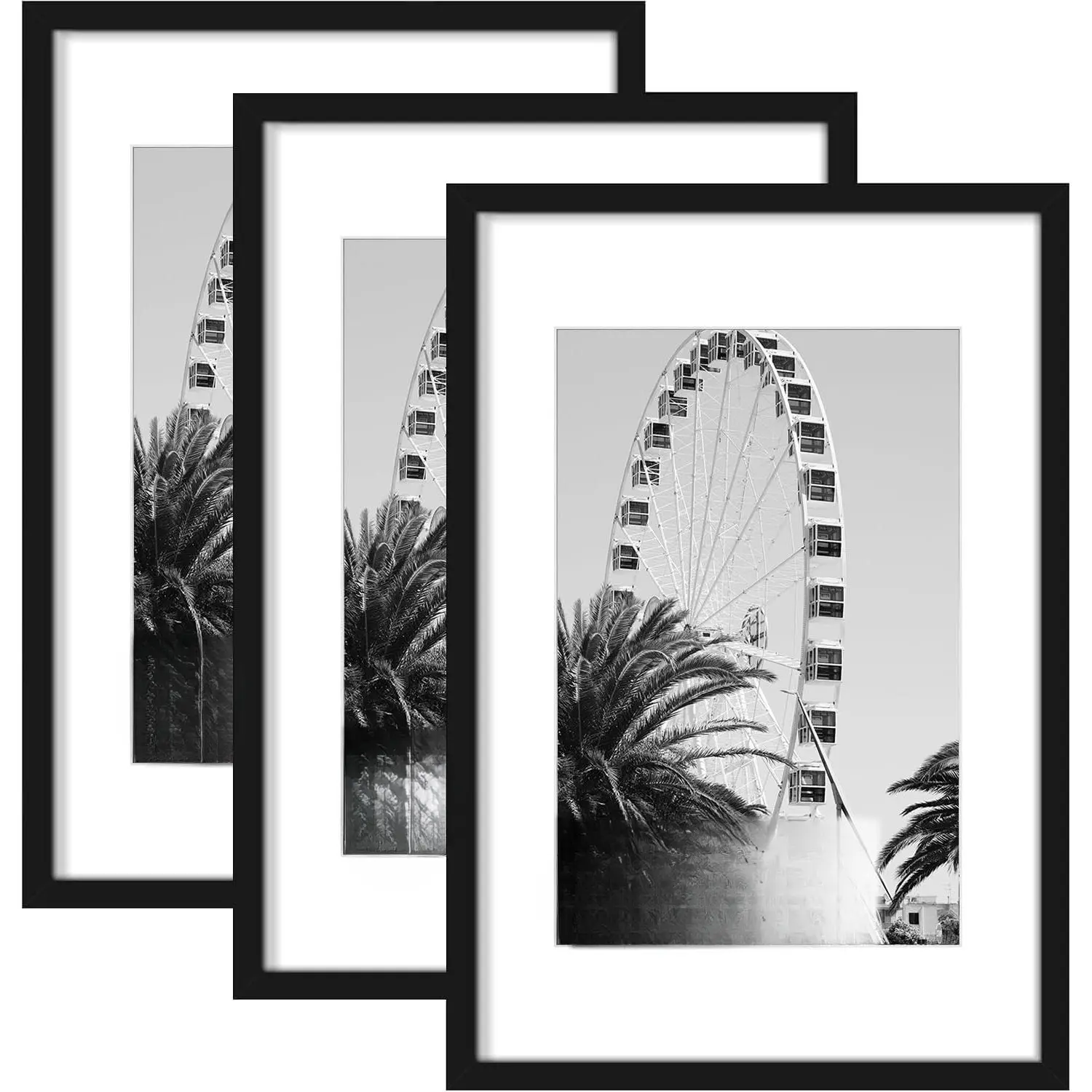 3 Pack Black Wood 16x24 Rectangle Photo Frame Set of 3, Multi-Size Display for 12x18 with Mat or 16x24 Without Mat, Vertical-Horizontal Wall Hanging, Home & Room Decor Supplies for Bedroom