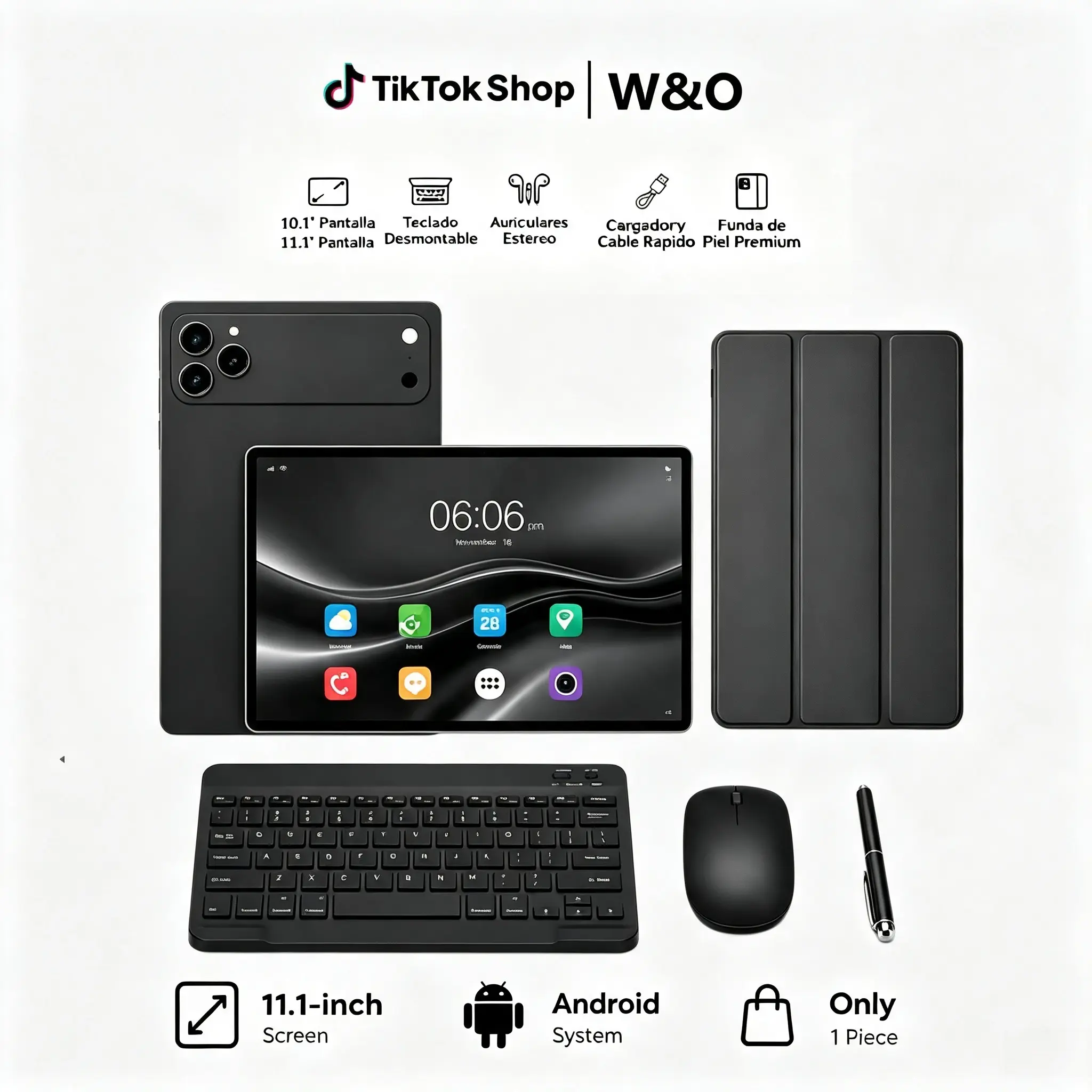 W&O 2026 Android 15 11-inch Tablet with Cellphone Compatibility, 12GB RAM + 256GB Expandable Storage, 10000mAh Long-Lasting Battery, 5G WiFi, Keyboard, Mouse, Case, Stylus, Dual Camera, Portable Work Device, Back to School Valentine’s Day Gift Bundle