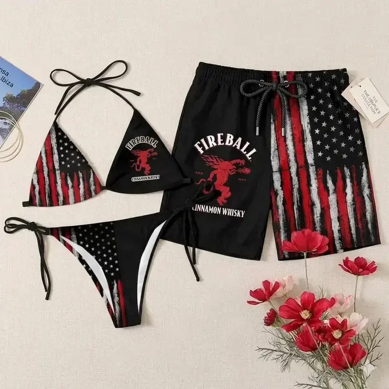 [HOT Summer 2026] Fireball American Flag Couple Swimwear – Matching Bikini & Men’s Swim Shorts, Patriotic His & Hers 4th of July Beach Vacation Swimsuits hot