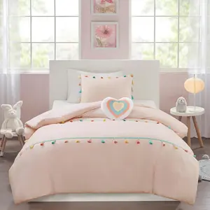 MI ZONE Comforter Set, Tessa Adorable Teen Bedding Sets Fun Colorful Pom Pom Tassel, Sham, Boho Heart Throw Pillow