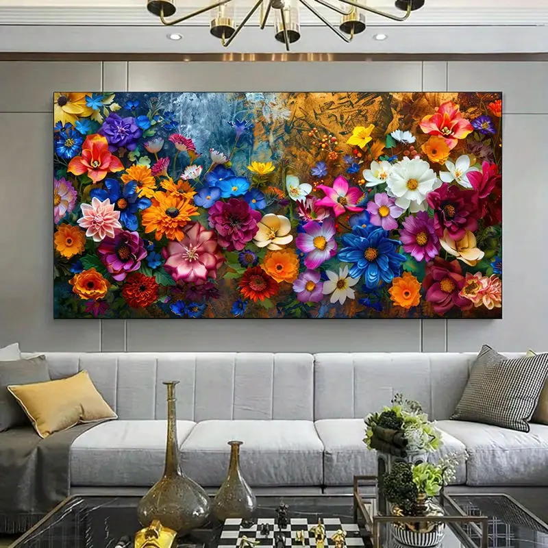 Artistic Wood Frame Wall Art - 1-Piece Large Colorful Floral Abstract Design Canvas Print, Modern Home Decor for Living Room, Office