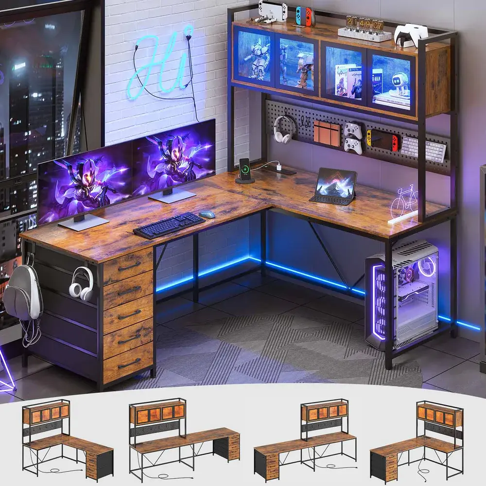Sikaic 62-Inch L-Shaped Esports Computer Desk - Multi Functional Home Office Furniture Desk Workstation with LED Lights, Charging Station, Storage Drawers, Hutch (Brown)