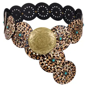 XZQTIVE Western Leather Belts for Woman Concho Cowgirl Cowboy Disc Belt for Ladies Wide Boho Country Waist Belts for Dress