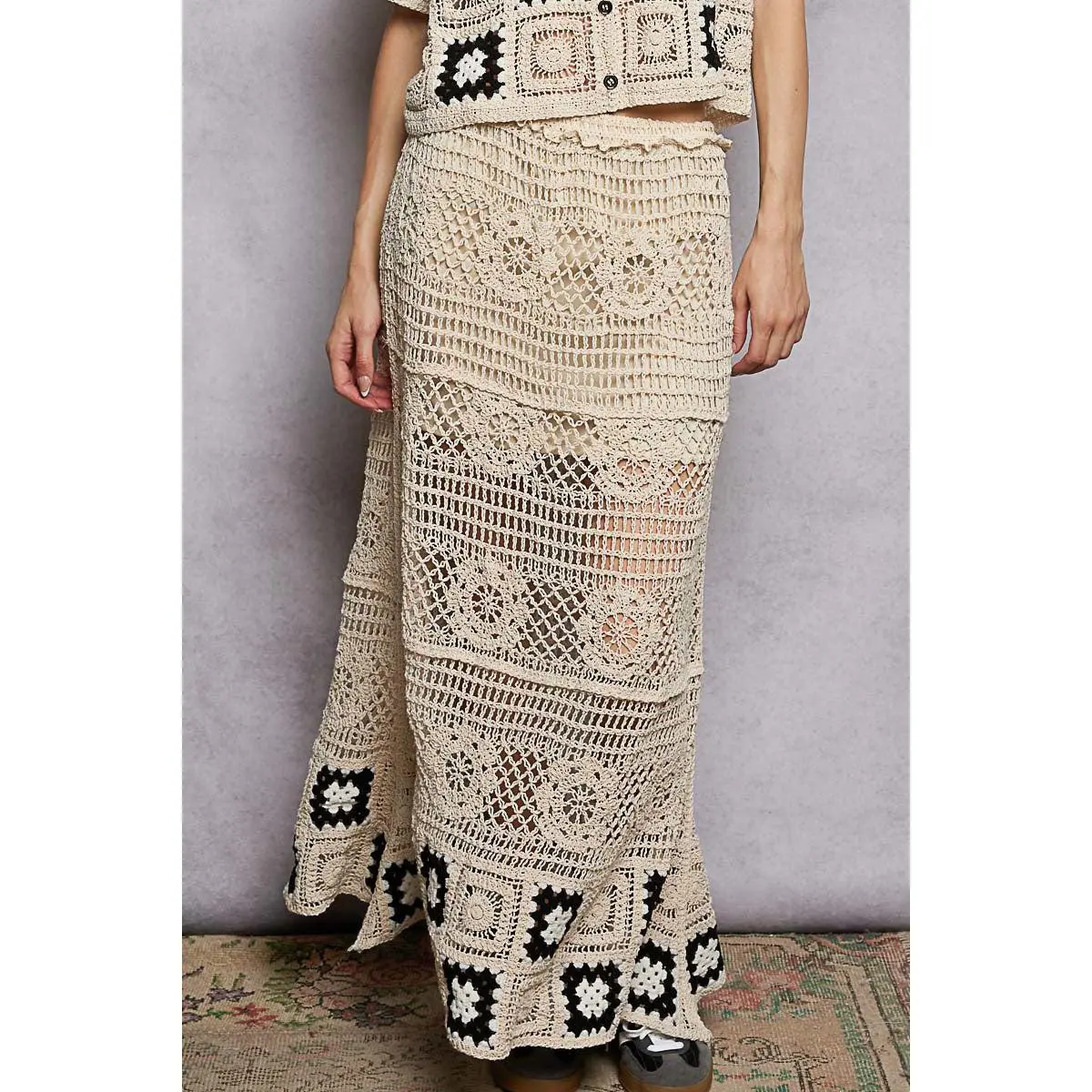 Ariadna Floral Crochet Ruffled Waistband Maxi Skirt with Granny Square Weave, Cardigan, Polyester, Everyday, Fabric, Cropped, Elegant, Bottoms, Feminine, Casual, Chic, Bohemian, Lightweight