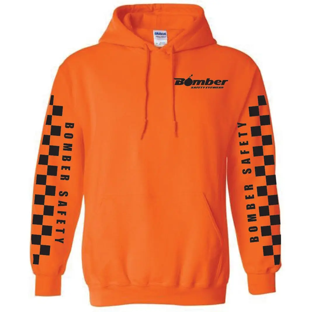 Women's Checkered Printed Hooded Sweatshirt Top - Safety Orange, Classic Fit Cotton Blend Long-Sleeve Pullover with Pocket, Longsleeves, Tops, Polyester, Casual, Front Pocket, Clothes, Hooded Neck, Storage-Pockets
