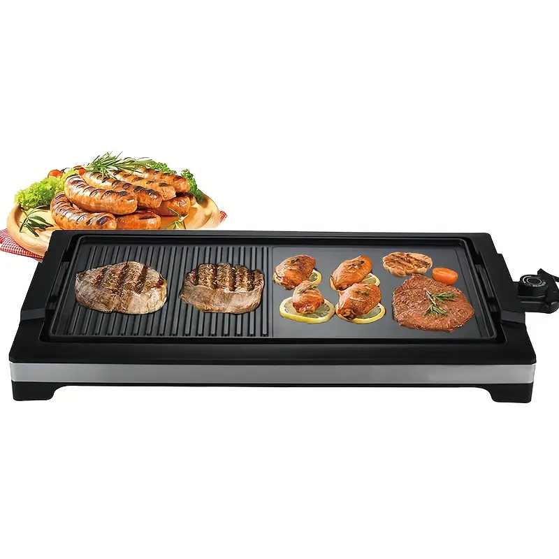 2-in-1 Portable 1800W 110v-120v Smokeless Indoor Electric Grill, Fast Heat-Up Nonstick BBQ Grill, 5-Level Adjustable Temperature, Detachable & Easy-to-Clean Dishwasher-Safe Water Tray (Fits 8 People), 17.7" X 12.6" X 3.1", Easy-Remove, Flat Top Grill, Bbq
