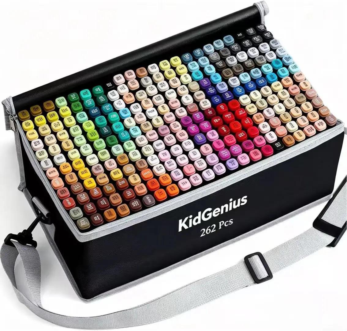 KIDGENIUS Unisex Smooth Dual-Tip Alcohol Markers (262/168/120 Count) with Portable Carrying Pouch, Waterproof Dry Drawing Art Supplies for Teens, Artistic Tools for Pro Art & Craft Projects, Comics