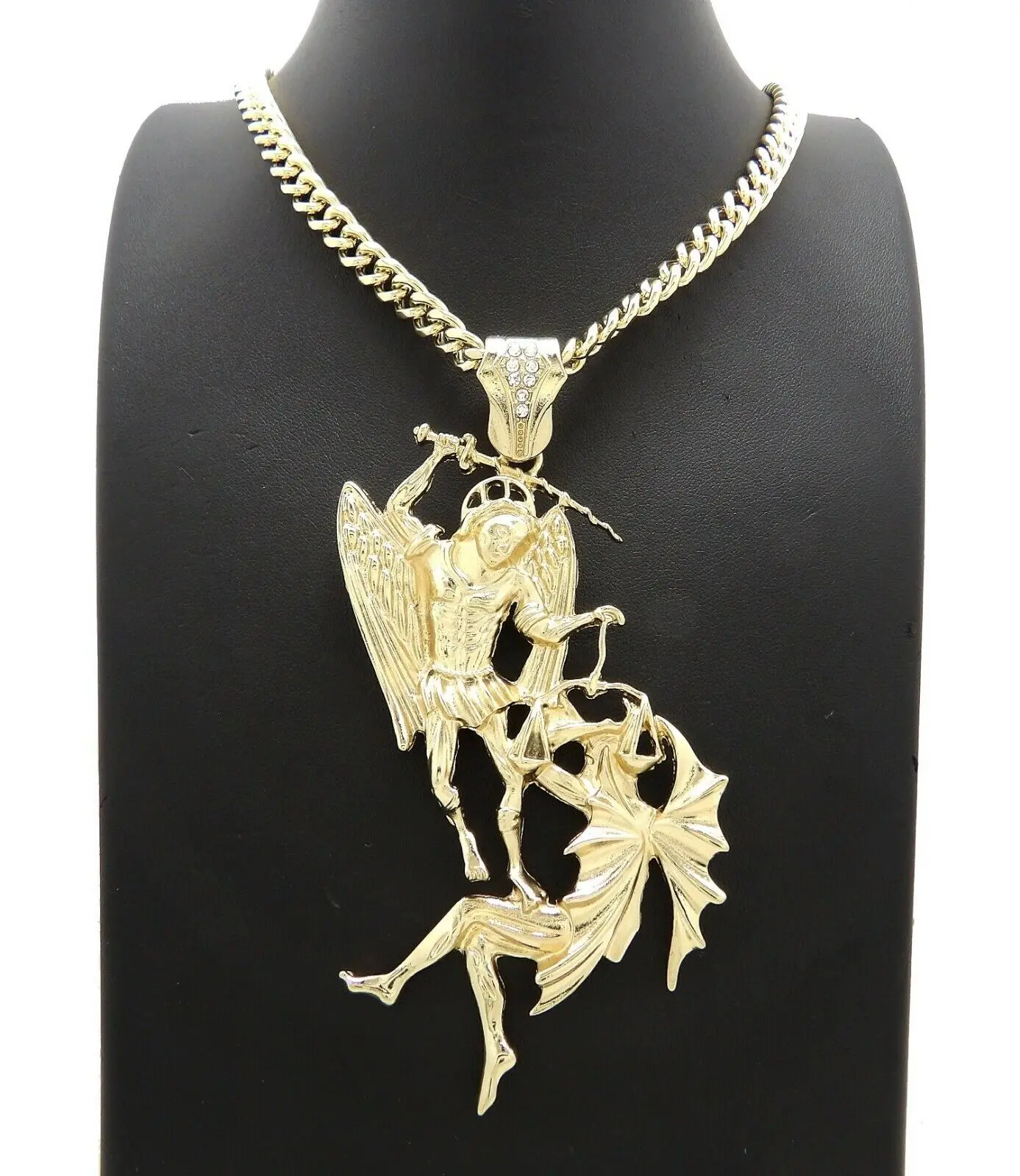 MaxBling81 Saint Michael Archangel Fashion Pendant - Unisex Hip Hop Necklace with Gold Metal Coating 6mm Cuban Link Chain, 24-36in Casual Length, Unforgettable Gift, Fashion Pendants, Chains