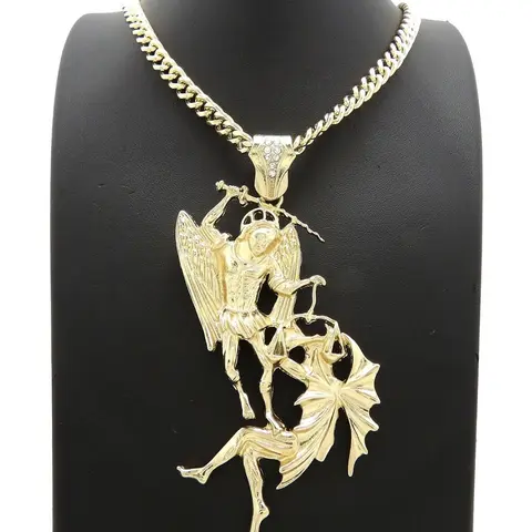 MaxBling81 Saint Michael Archangel Pendant Religious Necklace - Unisex Chunky Gold Cuban Link, 6mm, 24-36in Sizes, Statement Metal Coated, Silver Oversized Metallic, Hip Hop Costume Jewelry Gift