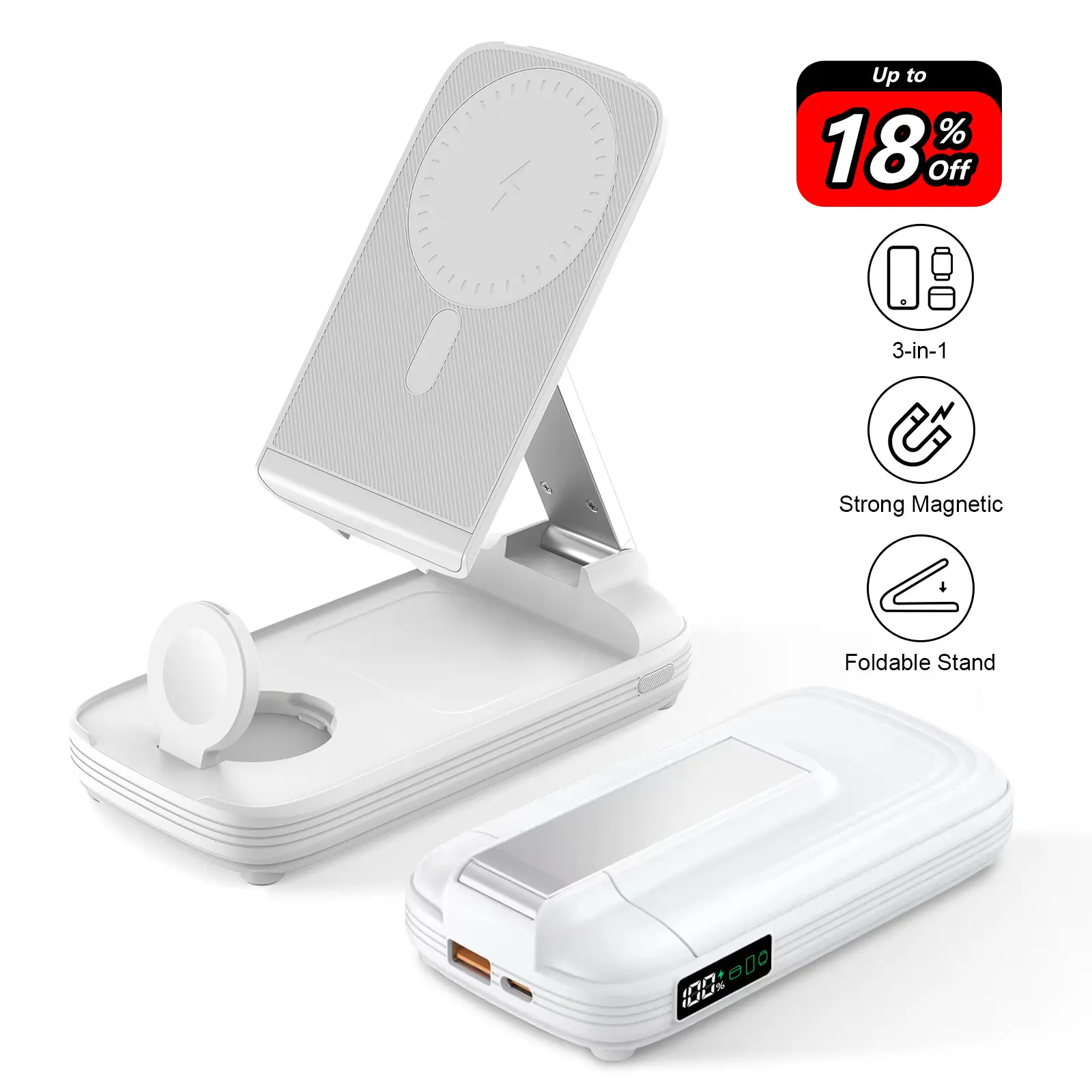 3-in-1 Foldable Wireless Power Bank, 10000mAh Magnetic Power Bank with Adjustable Phone Stand, Fast Charger, Portable Wireless Charger with Digital Display for iPhone 17 / 16 / 15 / 14 / 13 / 12 Series & Earbuds & Apple Watch mothersdaygift