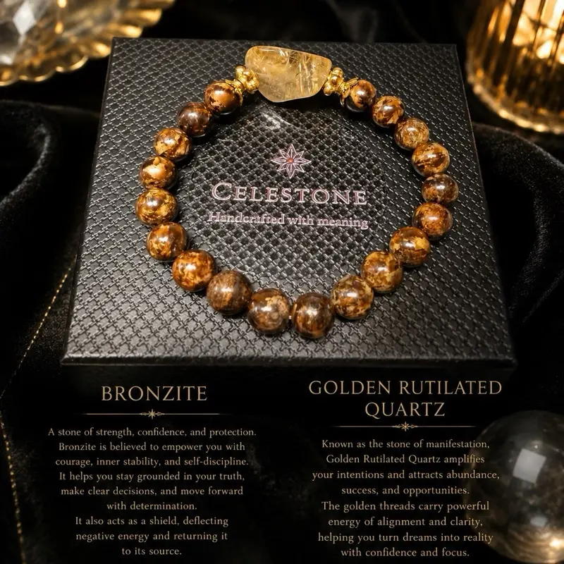 Celestone Natural Bronzite and Golden Rutilate Beaded Bracelet for Healing, Spiritual Balance