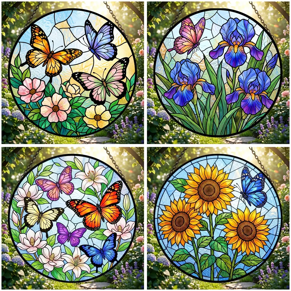 Handcrafted Premium Stained Glass Butterfly-Sunflower Hanging Suncatcher, Magical Luminous Crystal Window Decoration Panel, Unique Home Decor Gift for Nature Lovers, Garden Hanging Decor