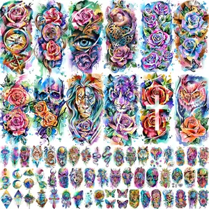 65 Sheets Watercolor Peony Rose Floral Temporary Tattoos For Women Arm Shoulder, Groovy Compass Flower Fake Tattoo Owl Blue Tribal Eye Skull Tiger, Long Lasting Tatoos Sleeve Angel Girls Adults