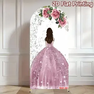 Pink Glitter Princess Floral Arch Backdrop for Quinceanera Birthday Party, Bridal Shower Wedding Party Backdrop Background Decor Double-Sided Spandex Fabric