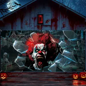 1Count 2D FLAT Scary Clown Halloween Garage Door Banner Door Decorations, Large Horror Clown Garage Banner Cover Spooky Joker Halloween Party Holiday Hanging Backdrop Background Sign for Indoor Outdoor Party Supplies