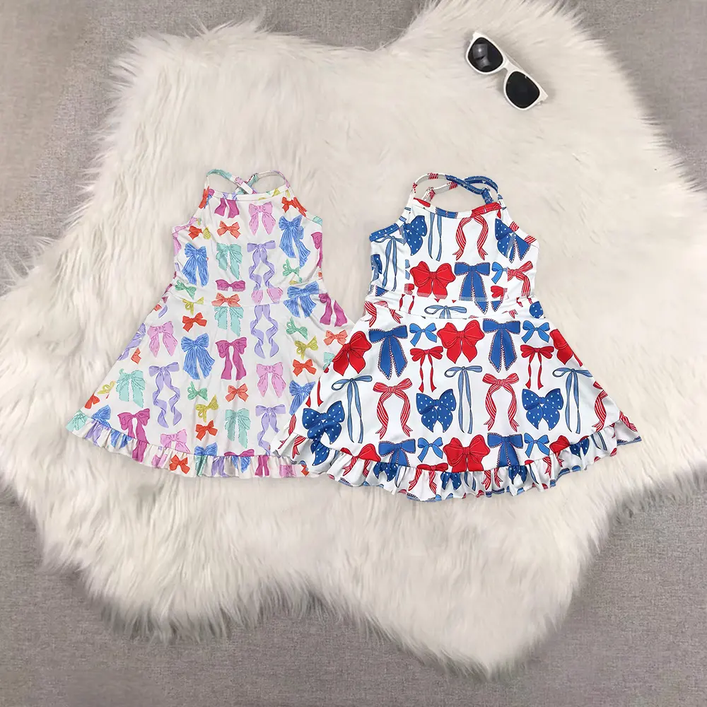 New cute Sibling Yoga Kids Girls Red Blue Bow Ruffle Athletic Dress for 4th of July Kids  Clothing Children Clothes Summer Girls Yoga Dress July 4th Clothes Red blue bow ruffle baby  girl  outfit