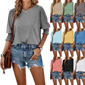 Imily Bela Women's 3/4 Sleeve Casual Tops Solid Color Crew Neck Loose Fit Shirts Blouses