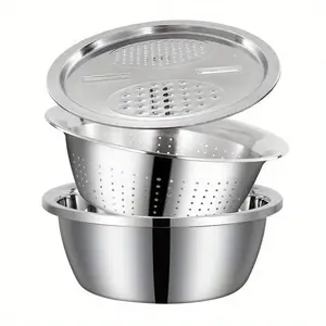 3-piece stainless steel kitchen set with an integrated grinder, multi-functional filter and mixing bowl - suitable for cleaning sliced fruits, vegetables and cheese. Food safety design with drainage system, perfect for home cooking and kitchen use