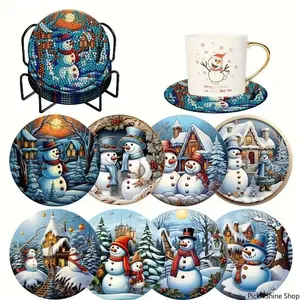 Snowman Cartoon Diamond Art Coasters With Display Holder, Diy Round Painting Craft Kit For Home Table Decor, Colorful Anti‑Slip Drink Coasters With Heat Insulation For Daily Use