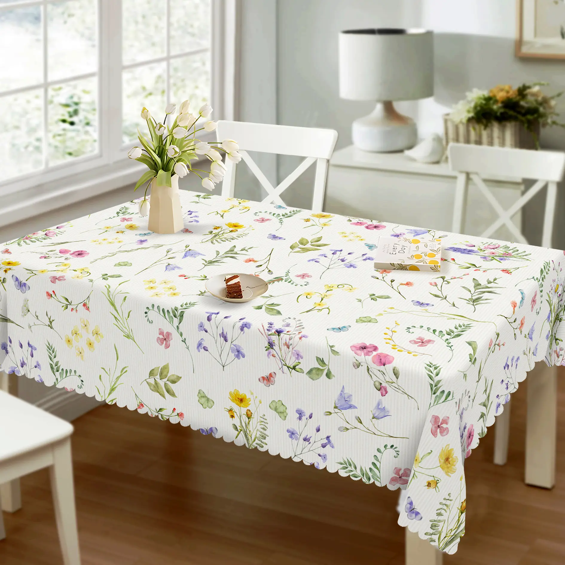 Synthetic Lace Polyester Floral Print Tablecloth - Spring Summer Watercolor Wildflower Butterfly Fashion Design, Vintage French Country Style, Round/Rectangle/Oval Shapes, Ideal for Romantic Weddings, Home Festive Decor, Butterfly Charm, 45°C Washable, St