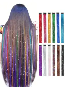 Clip in Hair Tinsel Synthetic 22 Inch Colorfull Tinsel Hair Extensions 12Pcs/Pack for Women Girls Party Christmas New Year Gift Synthetic Soft Hairpieces