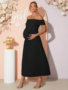 JOYCEE Pregnant Women Solid Color Off Shoulder Short Sleeve Pleated Hem Elegant Dress Maternity Dress
