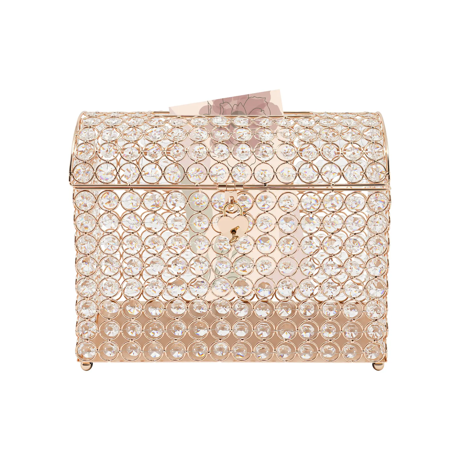 1 modern transparent gold wedding invitation card box, featuring an electroplated iron/steel and glass finish that is rustproof and wear-resistant; no assembly required; desktop design with large capacity and a lockable design; romantic keepsake storage b
