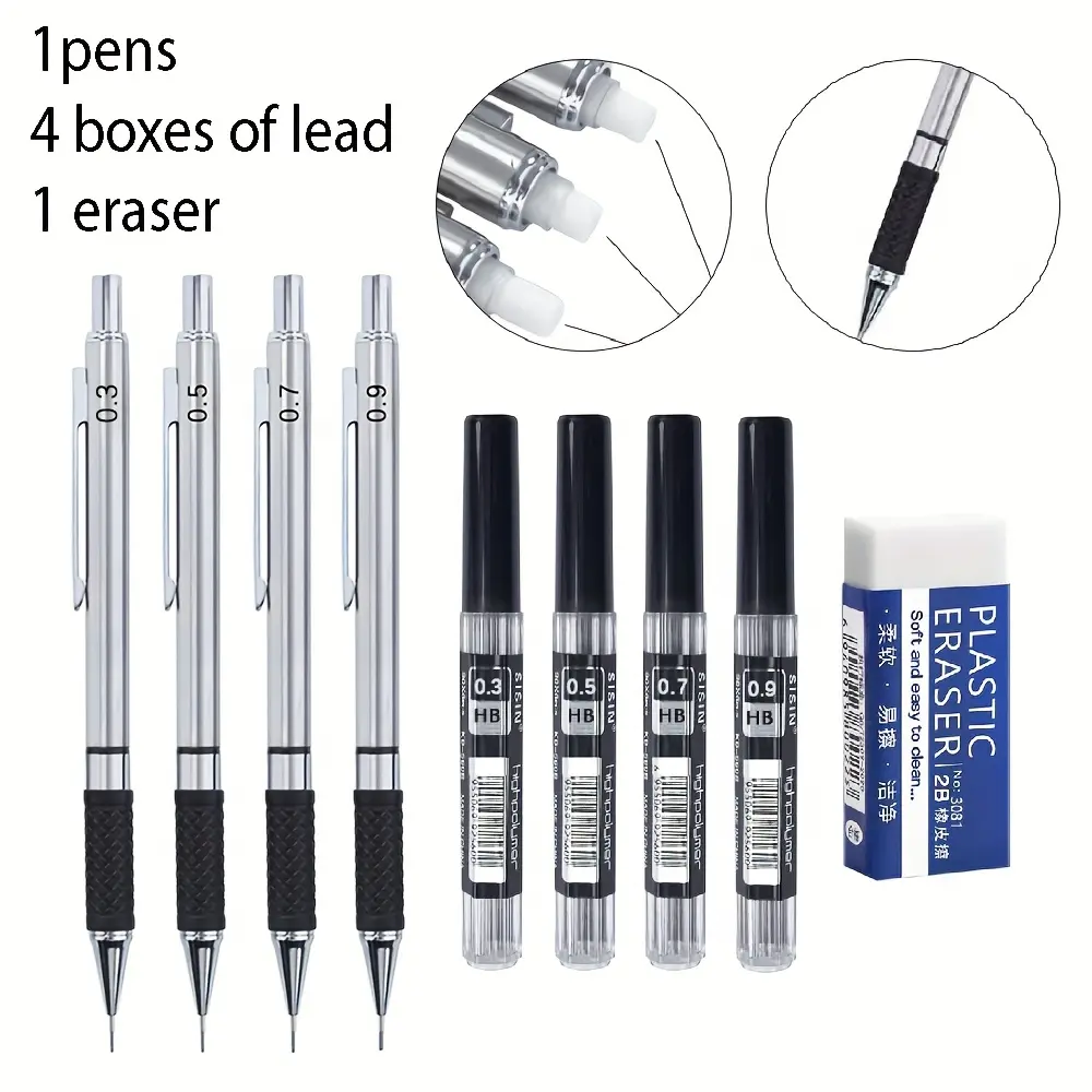 6pcs/set 0.3/0.5/0.7/0.9/Metal Automatic Pencil Large Capacity Set Anti Slip Soft Grip, Movable Pencil Pocket Clip, Art Mechanical Pencil, Drawing Pencils, Art Pencils For Sketching, Mechanical Sketching Office Stationery Supplies