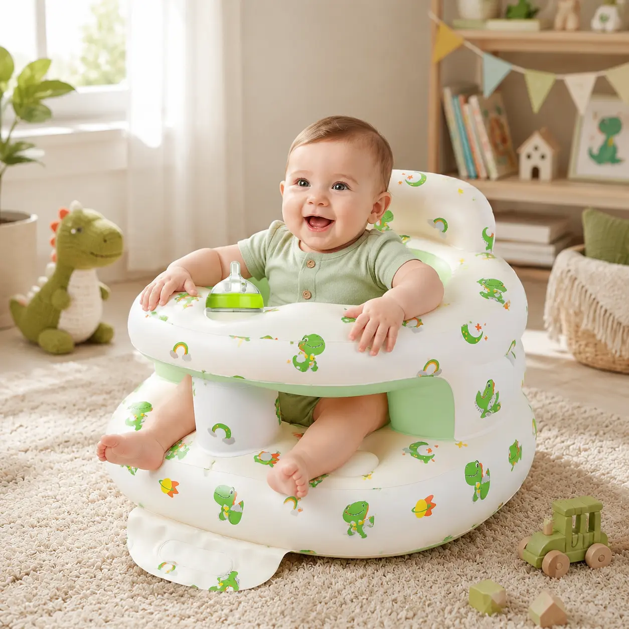 Upgraded Inflatable Baby Floor Seat with Safety Guardrails, Thicker Design, Built-in Air Pump for 3-36 Mth Old Babies