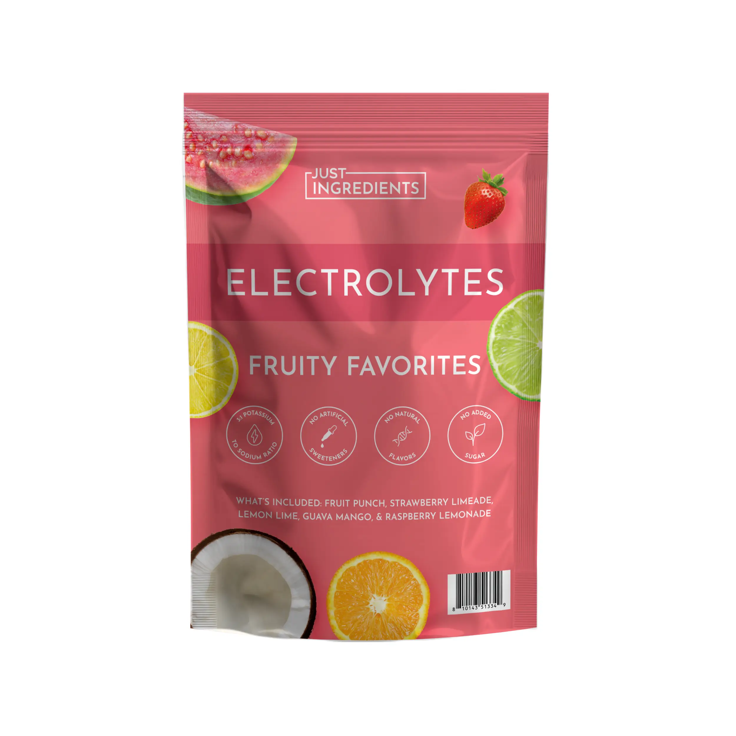 Just Ingredients Electrolyte Powder – Fruity Favorites Sample Pack – 5 Single Sticks – Fruit Punch, Strawberry Limeade, Lemon Lime, Guava Mango, Raspb