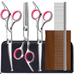 Gimars 6-in-1 Titanium Coated Professional Dog Grooming Scissors Set - Heavy Duty 4CR Stainless Steel Pet Shears with Safety Round Tip for Dogs and Cats