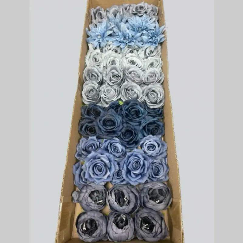 50/60 PCS All Dusty Blue & Blue Gray Assorted Artificial Flower Heads (ADL2), Peonies, Roses & Flame Chrysanthemums