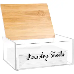 Acrylic Laundry Detergent Sheets Holder with Bamboo Lid, Laundry Soap Sheets Container Box Dispenser for Laundry Room