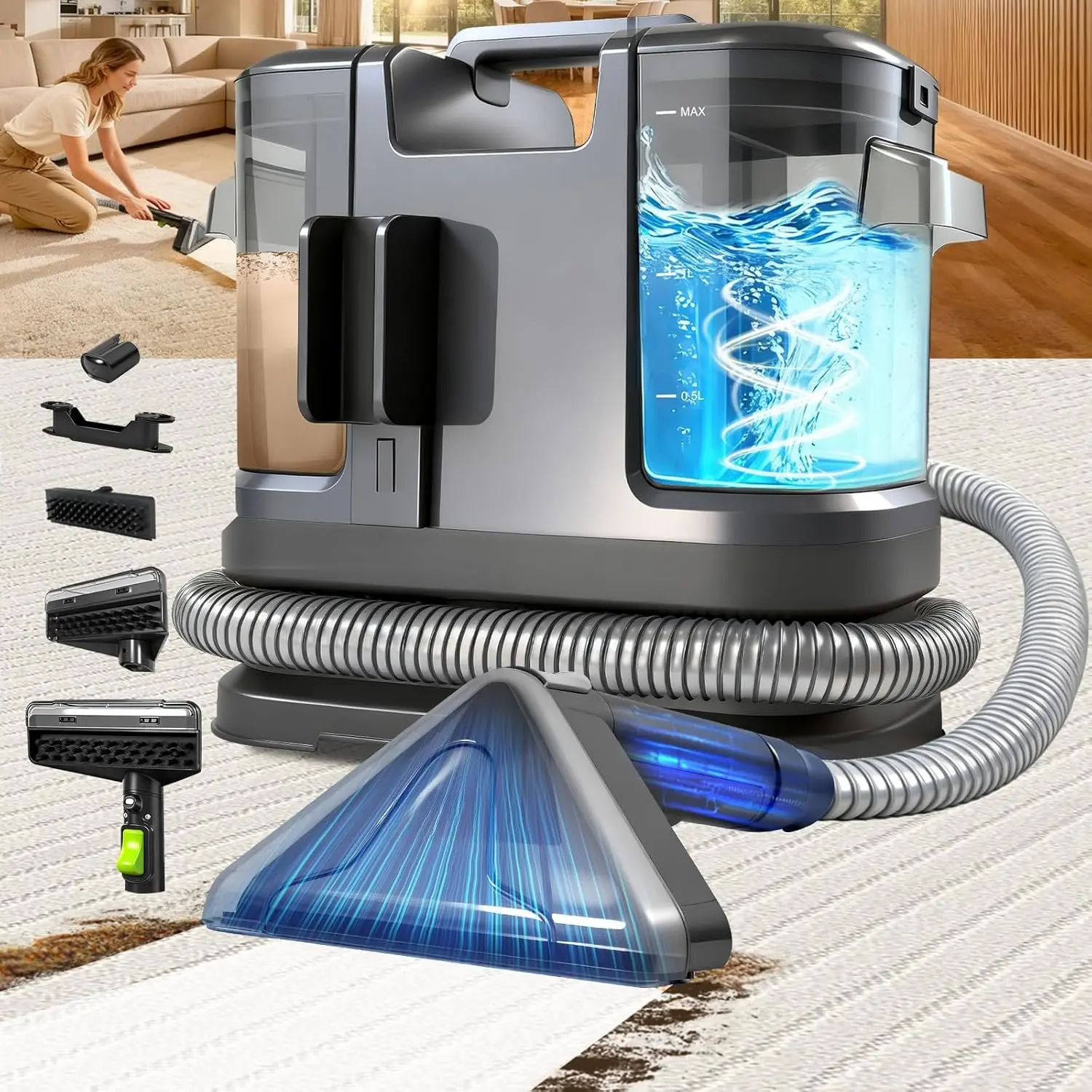 Portable Carpet Cleaner Machine,Carpet & Upholstery Cleaner Machine,15KPA Portable Small carpet Cleaner with  Suction,Handheld Carpet Cleaner with 3 Brushead,portable Carpet cleaner for Pets