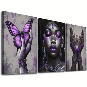3 Pieces Wooden Frame Canvas Art, African American Wall Art Purple Fashion African Black Woman Canvas Print Painting Black Queen Portrait Picture Poster Frame Black Girl Art Home Bedroom Wall Decoration