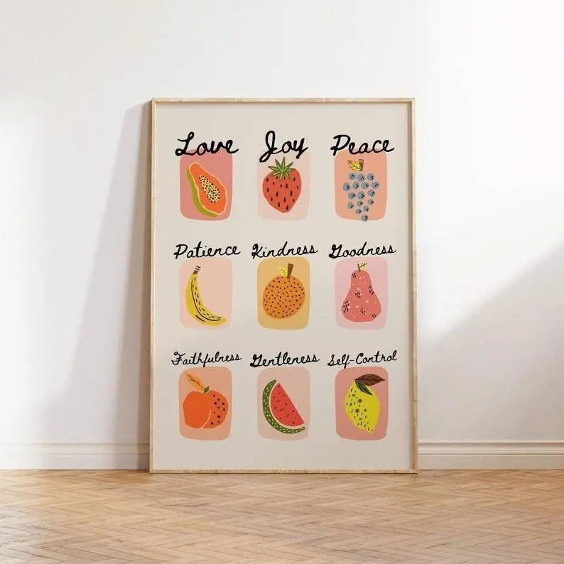 Christian Fruit of the Spirit Colorful Bordered Photo Wall Art Print Poster - 24x36/30x30 in Modern Bible Religious Room Decor, Trendy Christian Gift, Home Supply Decoration
