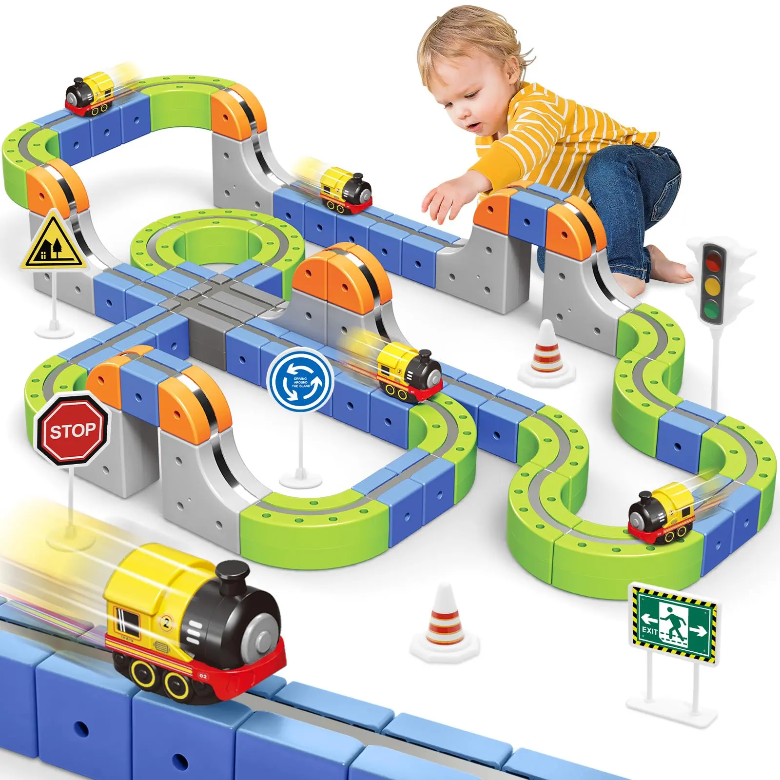 101-Piece Parent-Child Magnetic Tiles Road Set - Metal Flexible Bendable Track, 1 Car, Steam Sign Electric Train, Traffic Signs, Colorful Magnetic Model Building Kits for 3+ Yrs Boys Girls Birthday Gift