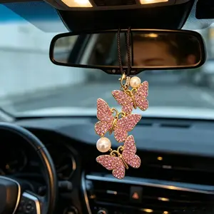 OMEXTRA Butterfly Shape Alloy Metal Vehicle Hanger - Precious Crystal Pearl Rearview Mirror Trinket, Easy-Hang Boujee Car Accessories, Universal Auto Parts, Cute Car Decor, Women’s Interior Decoration, Boujee Gifts for Women